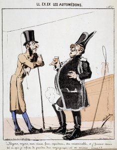 Karikatur des Transports in der Stadt. Zwei Kutscher unterhalten sich bei einem Glas Alkohol statt Passagiere mitzunehmen. Zeichnung von Moloch, um 1860. von Moloch