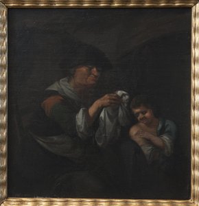 Alte Dame inspiziert die Wäsche eines Jungen von Monogrammist Bijs