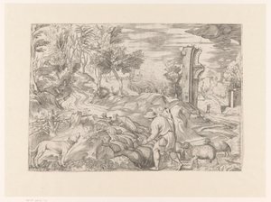 Landschaft mit Hirten und Schafherde von Monogrammist DB (etser 16de eeuw)