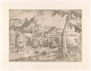 Panoramische Landschaft mit großem Baum von Monogrammist DB (etser 16de eeuw)