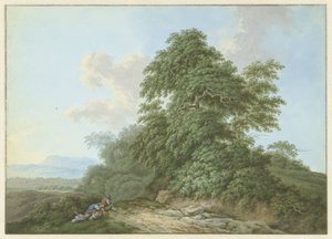 Landschaft mit ruhenden Reisenden entlang eines Weges