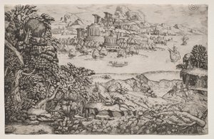 Landschaft mit einem Tempel über einem See von Monogrammist HI
