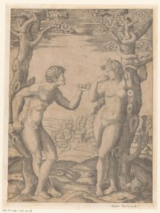 Sündenfall von Adam und Eva am Baum der Erkenntnis von Gut und Böse mit Schlange von Monogrammist NF (graveur)