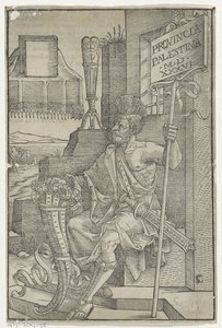 Sitzender Römer mit einem Schwert, einem Horn und einem Schild mit 