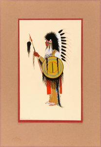 Cheyenne-Krieger mit Federschmuck und Schild