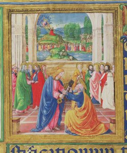 Ms 542 f.3v Christus übergibt die Schlüssel an St. Peter, im Hintergrund übergibt Gott die Gesetzestafeln an Moses, aus einem Psalter geschrieben von Don Appiano aus der Kirche der Badia Fiorentina, Florenz von Monte di Giovanni del Fora