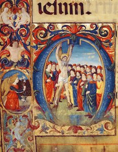 Ms 543 f.5v Historisierte Initiale O mit der Kreuzigung des hl. Andreas, aus einem Psalter, ca. 1515