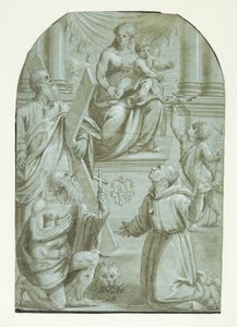 Maria mit dem Jesuskind thronend, umgeben von Apostel Andreas, Johannes dem Täufer als Kind, dem heiligen Hieronymus und dem heiligen Franz von Assisi von Moretto da Brescia