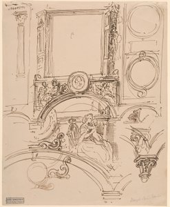 Architektonische Details für eine Wanddekoration mit Kaiserin Maria Theresia, die den jungen Wolfgang Amadeus Mozart umarmt von Moritz Ludwig von Schwind