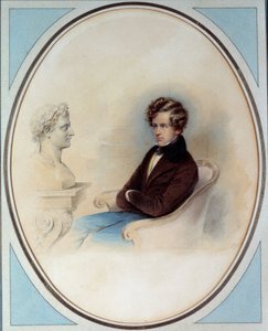 Porträt des Königs von Rom Napoleon II., Herzog von Reichstadt, vor der Büste seines Vaters. Druck von Moritz Michael Daffinger (19. Jahrhundert)
