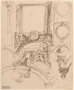 Architektonische Details für eine Wanddekoration mit Kaiserin Maria Theresia, die den jungen Wolfgang Amadeus Mozart umarmt