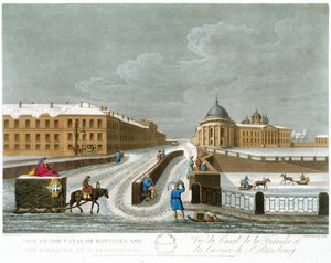 Blick auf den Fontanka-Kanal und die Kasernen, Illustration für November aus Ein Jahr in St. Petersburg, geätzt von John H. Clark, koloriert von M. Dubourg von Mornay