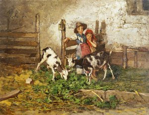 Kinder und Ziegen in einer Scheune von Mose Bianchi