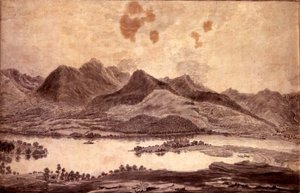 Panoramablick auf Derwentwater und das Tal von Keswick, Detail des nördlichen Endes von Derwent Water, ca. 1772 von Moses (attr. to) Griffith