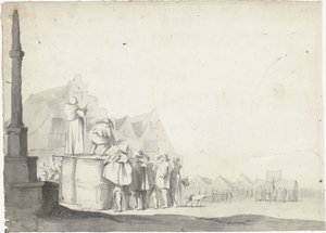 Marktplatz mit Ausrufer auf einem Fass von Moses ter Borch (possibly)