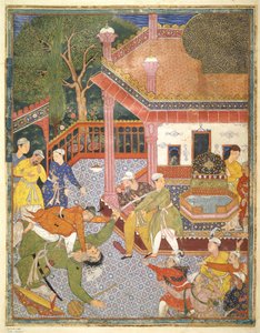 Ein Held tötet einen Riesen vor einer Menge von Zuschauern in einem Hof, Illustration aus dem Hamza Nama, ca. 1555-67 von Mughal School