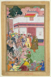 Fatepur Sikiri, 1573: Hasain Quli Khan-l Jahan präsentiert seine Gefangenen Kaiser Akbar (r.1556-1605), aus dem Akbarnama von Abul Fazi, 1590-98