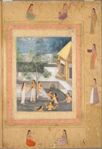Harem-Nachtbadeszene (recto): Kalligraphie eingerahmt von einer ornamentalen Bordüre aus Blumen und Vögeln (verso), ca. 1650 von Mughal School