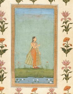 Dame hält eine Blume, stehend an einem Seerosenteich, aus dem Small Clive Album von Mughal School
