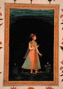 Dame, die nachts eine Weinflasche und ein Glas hält, aus dem Small Clive Album von Mughal School