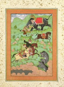 Rajput-Prinzen jagen Bären; ein Mahout und sein Elefant retten einen gefallenen Reiter vor einem Tiger, aus dem Large Clive Album