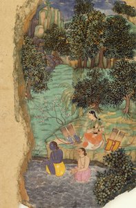Rama und Lakshmana bieten ihrem toten Vater Wasser an den Ufern des Mandakini-Flusses an, ca. 1595 von Mughal School