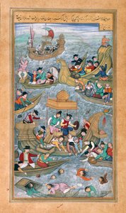 Sultan Bahadur und Rumi Khan springen ins Meer, als sie von portugiesischen Booten umzingelt werden, aus dem Akbarnama