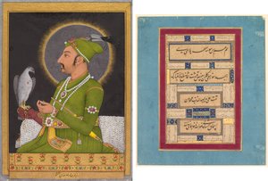 Posthumes Porträt des Mogulkaisers Muhammad Shah (regierte 1719-1748) mit einem Falken (recto); Kalligraphie (verso) von Muhammad Rizavi Hindi