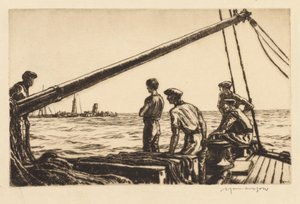 Bergungsmänner nähern sich einem torpedierten Schiff von Muirhead Bone