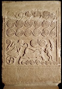 Mykenische Kunst: Grabstele aus Kalkstein mit Darstellung einer Schlacht aus Mykene. 16. Jahrhundert v. Chr.