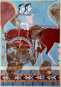 Mykenische Kunst: Paar auf einem Wagen. Fragment eines Freskos aus dem Palast von Tiryns und Rekonstruktion von Mycenaean