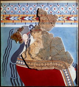 Mykenische Kunst: Frauenbüste. Fragment eines Freskos aus dem Palast von Tiryns und Rekonstruktion von Mycenaean