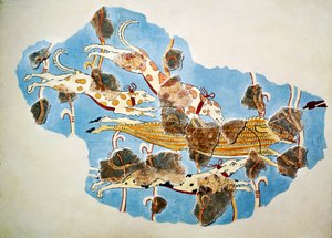 Fresko, das eine Jagdszene darstellt, aus Tiryns, Griechenland