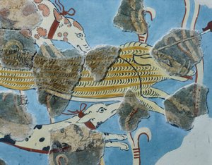 Fresko aus dem Palast von Tirinto (Griechenland). Detail: Gruppe von Hunden, die ein Wildschwein angreifen. Mykenische Zivilisation