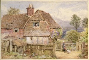Mädchen mit einem Lamm bei einem Bauernhaus