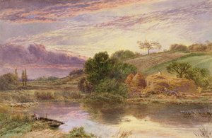 Heuarbeiter am Flussufer am Abend von Myles Birket Foster