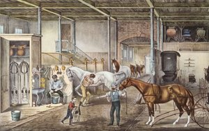 Modellstall, in dem Jungen und Stallburschen wirklich Pferde pflegen, Gravur aus dem Buch "Amerika" von Currier und Yves 1870 von N. and Ives J.M. (1824 95) Currier
