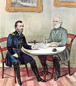 Amerikanischer Bürgerkrieg: Generäle Grant (links) und Lee treffen sich am Palmsonntag 1865, um die Kapitulationsbedingungen für Lees Armee von Nord-Virginia zu besprechen von N. and Ives J.M. (1824 95) Currier