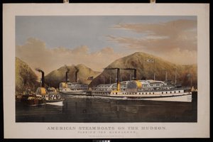 Amerikanische Dampfschiffe auf dem Hudson. Vorbeifahrt an den Highlands. Drew, St John und Excelsior von N. and Ives J.M. (1824 95) Currier