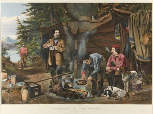 Camping im Wald „Eine gute Zeit kommt“ (Farblithographie) von Currier and Ives