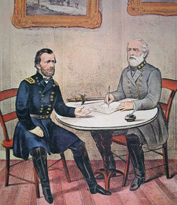 General Robert E. Lee (1807-70) kapituliert vor General Ulysses S. Grant (1822-85) im Appomattox Courthouse, 9. April 1865