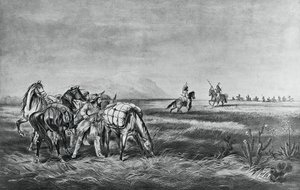 Frieden oder Krieg, Begegnung zwischen den Indianern und weißen Jägern, veröffentlicht von Colin Simkin von Currier and Ives