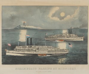 Dampfschiffe passieren um Mitternacht auf dem Long Island Sound von Currier and Ives