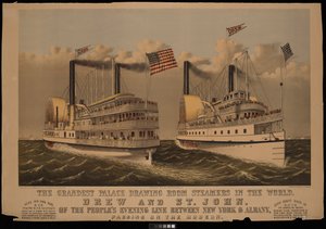 Der prächtigste Palast-Zeichensaal-Dampfer der Welt, Drew und St. John der Peoples Evening Line zwischen New York & Albany...