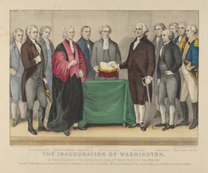 Die Amtseinführung von Washington als erster Präsident der Vereinigten Staaten am 30. April 1789 im alten Rathaus von New York von Currier and Ives