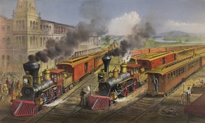 Amerikanische Eisenbahnszene: Blitzexpresszüge verlassen den Knotenpunkt, 1874