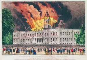 Brand des Rathauses von New York in der Nacht des 17. August 1858 von N. and Ives, J.M. Currier
