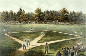 Das amerikanische Nationalspiel Baseball - Großes Spiel auf den Elysian Fields, Hoboken, NJ, 1866 von N. and Ives, J.M. Currier