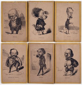 6 Karikaturporträts: Pierre Jean de Béranger (1780-1857) französischer Liedermacher, Alexandre Dumas fils (1824-1895), Louis Adrien Huart (1813-1865) französischer Journalist, Schriftsteller und Theaterdirektor, Gérard de Nerval (1808-1855), französischer 