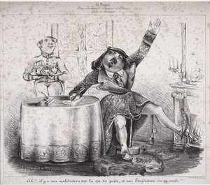 Ah!!! Es liegt ein Fluch auf dem Leben des Dichters und ein Fluch auf seinem Grab!!!. Eine der ersten Zeichnungen von Felix Tournachon erschien in „La Vogue, industrielle, künstlerische und literarische Zeitschrift“